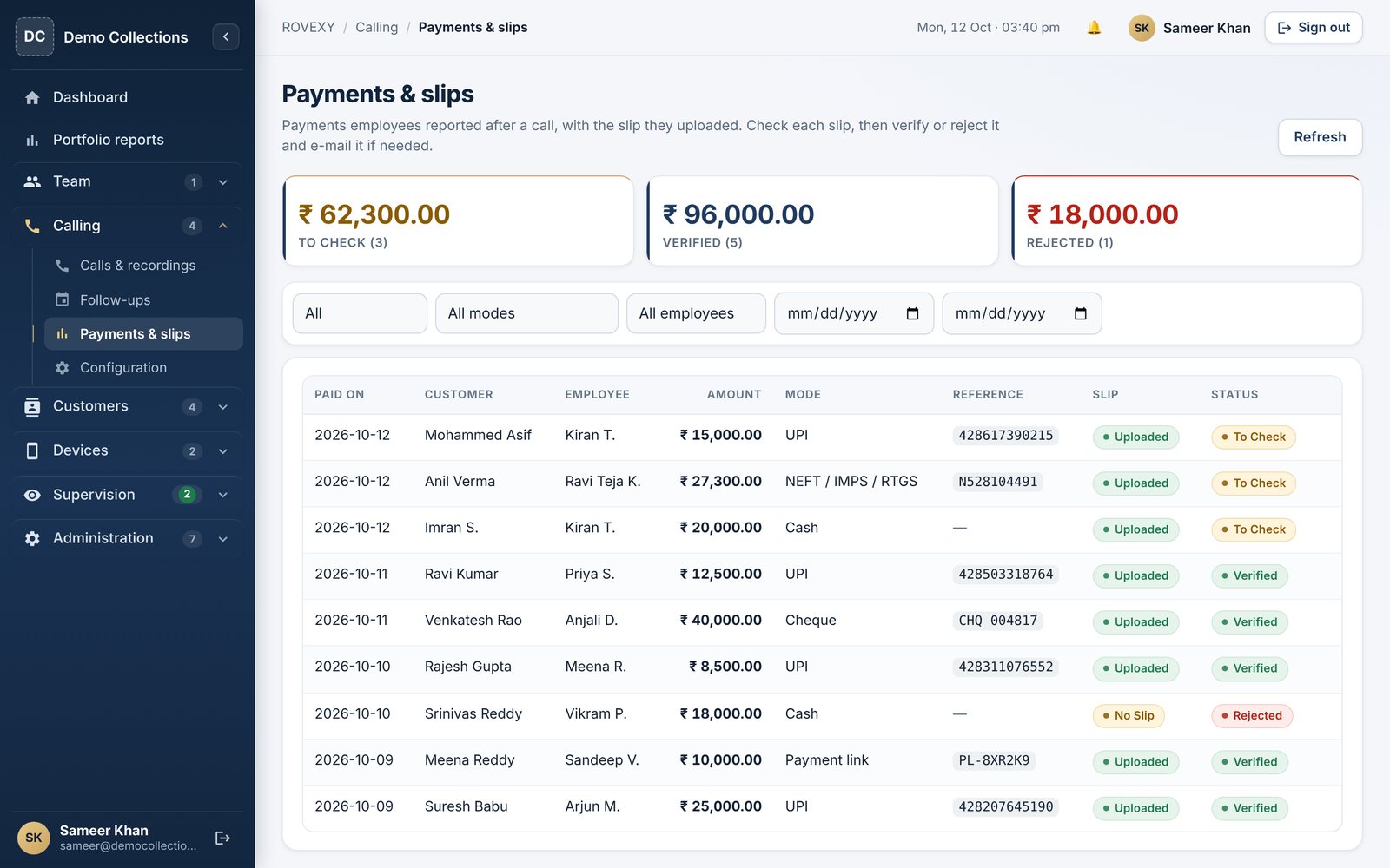 Payments & slips in the ROVEXY console (sample data)