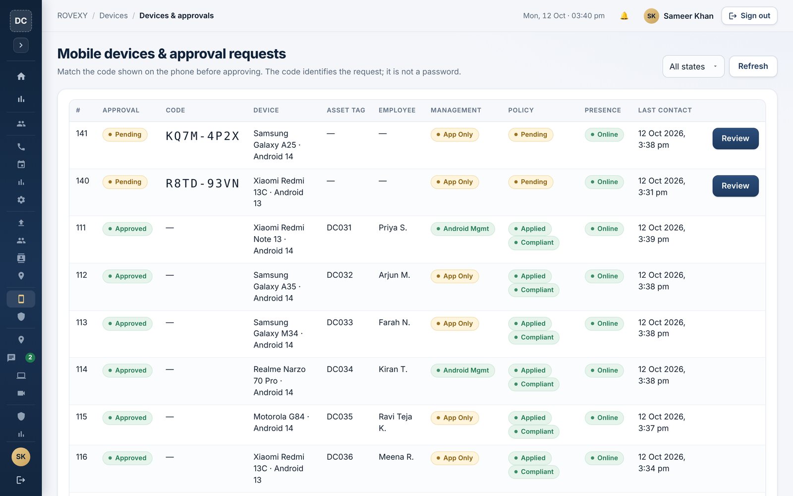 Devices & approvals in the ROVEXY console (sample data)