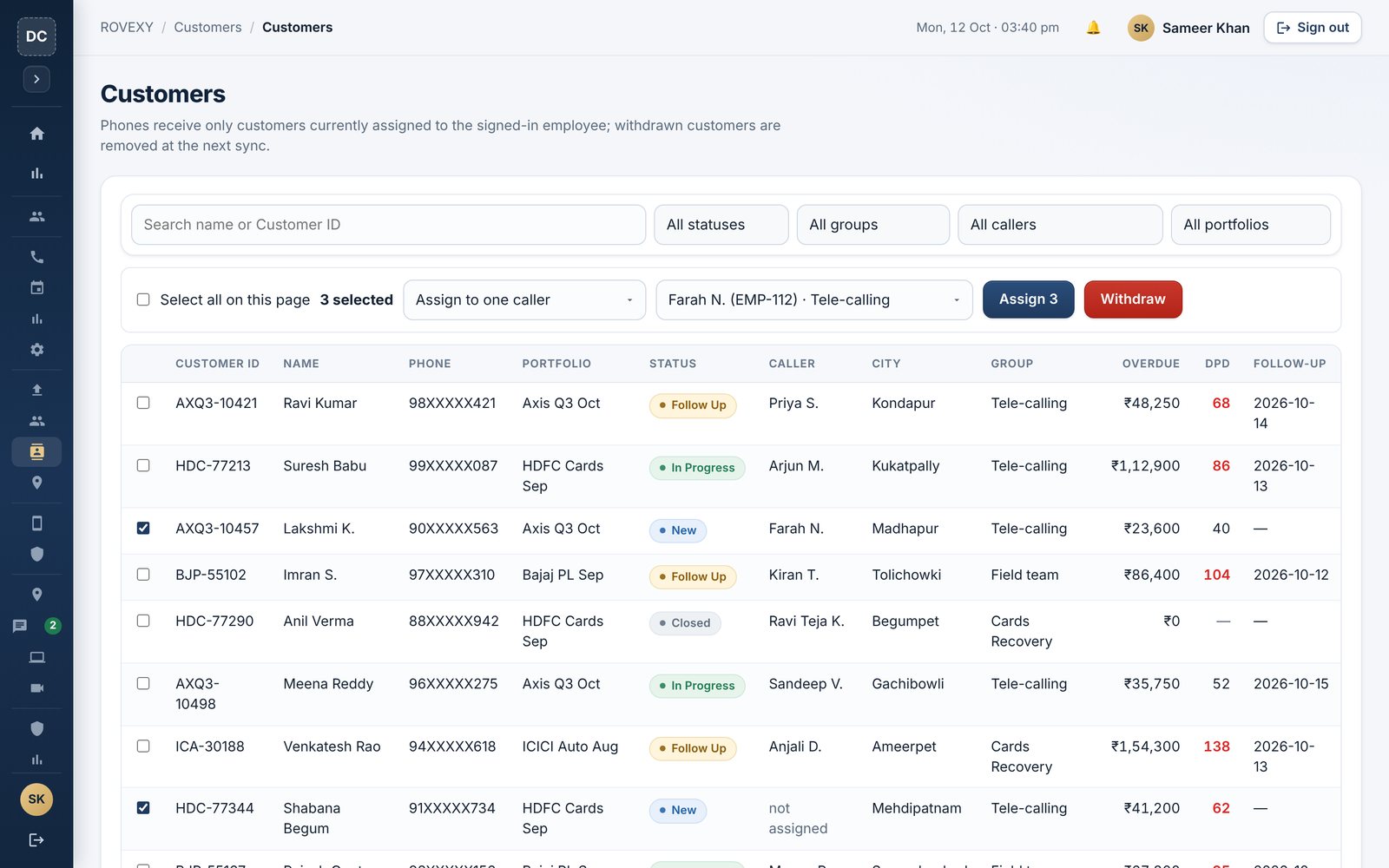 Customers & assignment in the ROVEXY console (sample data)